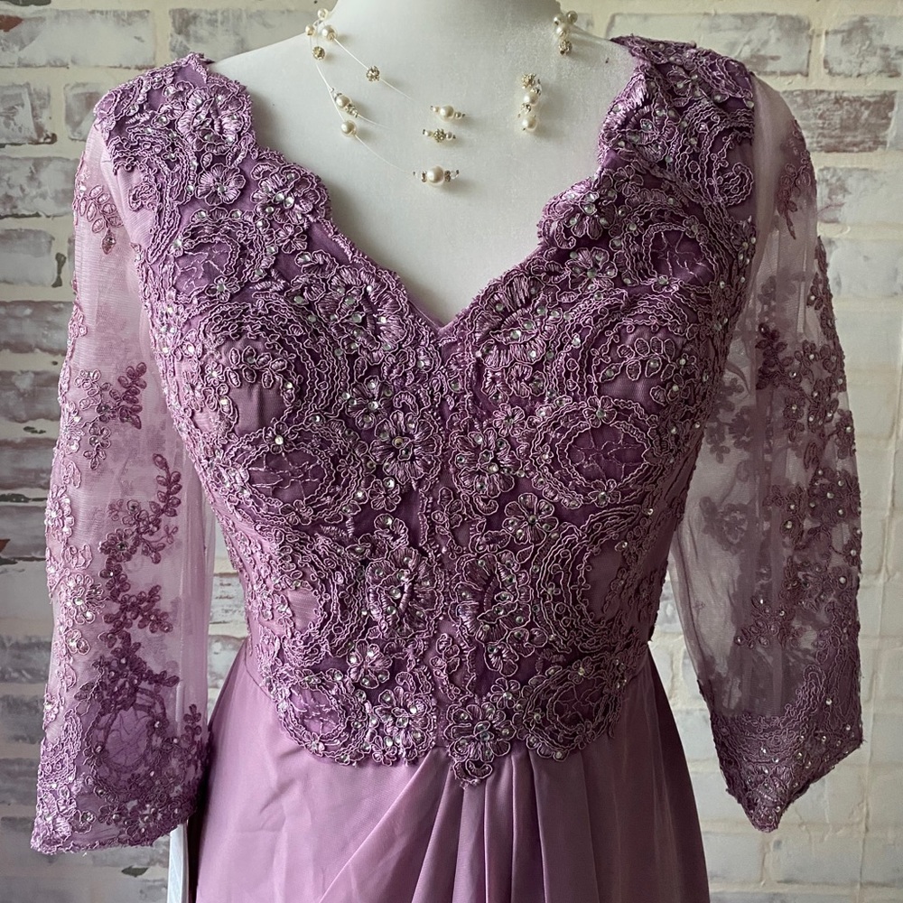 JJ’s House Lavender Beaded 3/4 Sleeve Lace Full Length Formal Evening Go…